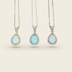 Fire White Opal Pendant Necklace, Opal Jewelry, Opal Necklaces for Women, Opal Teardrop Halo Pendant, Mom Gift for Mothers Day