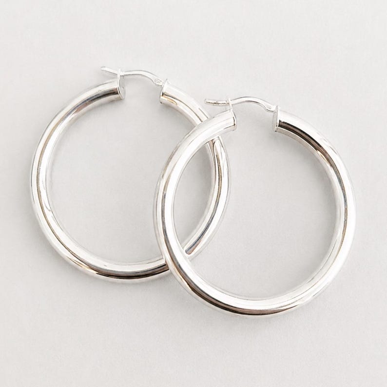 May include: A pair of polished silver hoop earrings with a smooth, rounded tubular design. Each earring features a secure hinged post closure at the top, creating a continuous circular silhouette with a bright, reflective metallic finish.