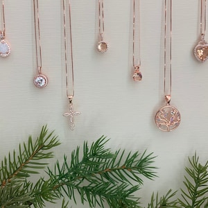 Rose Gold Pendant Necklace Assortment, 14” to 22”, Cross, Tree of Life, Round Halo Heart in Morganite or Opal, Mothers Day Gifts for Mom