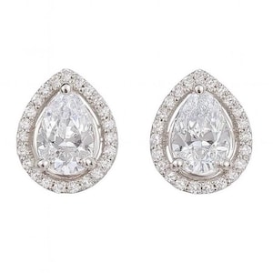 Pear Shape Halo Earrings in Sterling Silver, Cubic Zirconia Teardrop Earrings, Bridal Jewelry, Pear Cut Diamond Jewelry