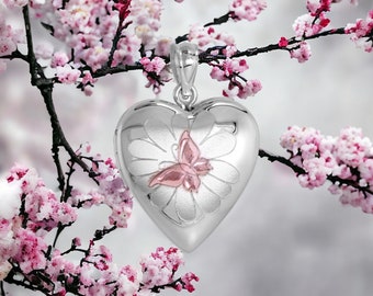 Sterling Silver Butterfly on Flower Locket Necklace, Sweet 16 Locket, Pink Enamel Accent