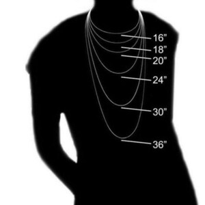 May include: A silhouette of a person wearing a necklace with different lengths marked in inches, from 16 inches to 36 inches.
