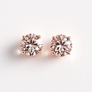 Dagelijkse oorbellen morganiet en roségoud met roze perzik ronde solitaire zirkonia's, 6-7 mm, sterlingzilveren basis met roségoud