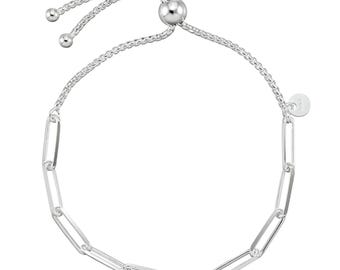 Adjustable Paperclip Bolo Bracelet, 925 Sterling Silver Charm Bracelet, Gift for Her