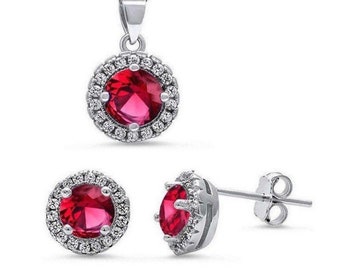 Ruby Necklace & Earring Set with Halo Sterling Silver July Birthstone Jewelry Christmas Presents for Mom Red Necklaces for Women
