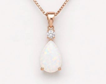 Rose Gold Opal Necklace, Bridal Jewelry, Necklaces for Women,  Pear Shaped Pendant, White Opal Necklace