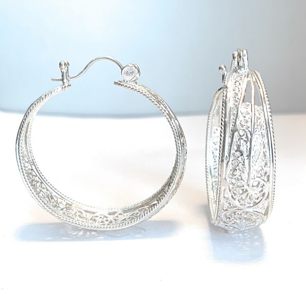 Sterling Silver Earrings - Chunky Hoops - Filigree Hoop Earrings - Statement Earrings - Wide Hoops - Silver Hoop Earrings - Mexican Filigree