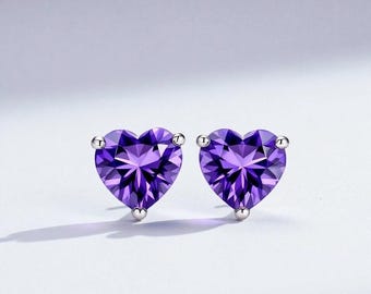 Purple Heart Stud Earrings • Amethyst Inspired February Birthstone Gift •  Birthday Present  • 7mm Amethyst Solitaire Studs