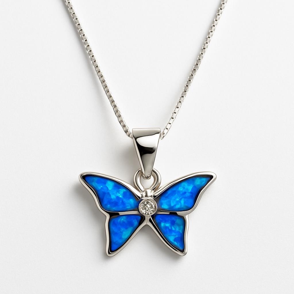 Blue Opal Butterfly Necklace Silver Setting • Gift for Daughter • Birthday  Present