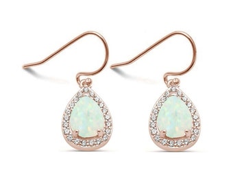 Rose Gold Opal Earrings with Pear Shaped Halo • Dangle White Opal Earrings Rose Gold Setting