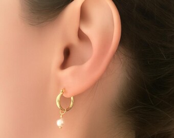 Small Gold or Silver Pearl Hoop Earrings, Natural Freshwater Pearls and Sterling Silver Hoops, Dainty Earring Gift for Her