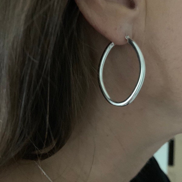 Oval Hoop Earrings  in 925 Italian Sterling Silver - 35mm length - Long Oval Shaped Hoops in Nickel Free Silver- Earrings