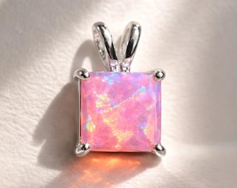 Pink Opal Princess Cut Necklace in Sterling Silver Setting •  Shimmery Blush Pink Iridescent Pendant • Bridesmaid Jewelry