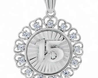 Quinceanera Birthday Pendant Necklace, Adjustable 16 - 18 Inches, Sterling Silver with Cubic Zirconia Stones around 15, Quinceanera Gift