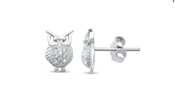 Sterling Silver Round Clear CZ Owl Post Stud Earrings Sterling Silver Round Clear CZ Owl Post Stud Earrings