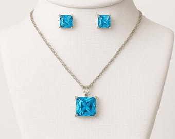 Blue Topaz Princess Cut Necklace and Earring Set, Something Blue Jewelry, December Birthstone Gift for Her