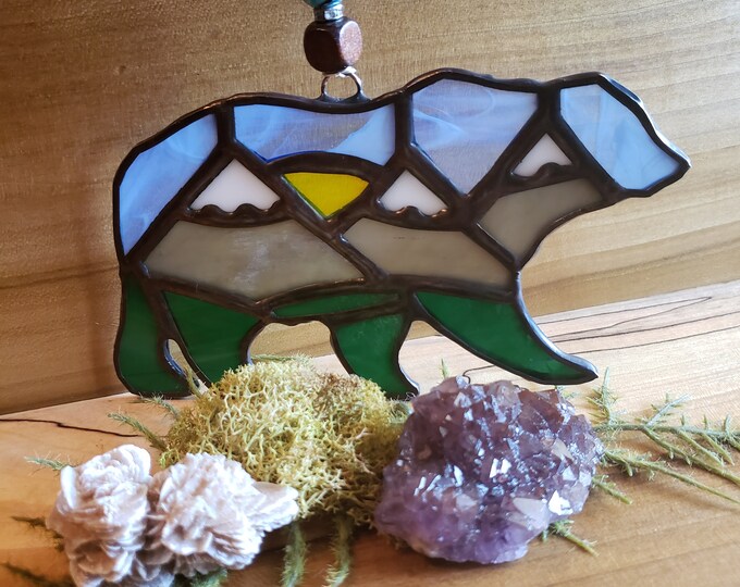 Stained Glass Mountain Bear, Suncatcher, Bear, Mountains, Landscape