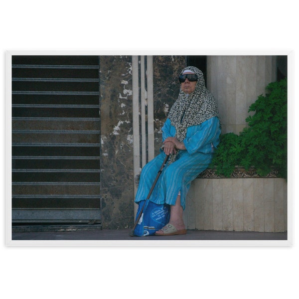 Old woman relaxing in the street of Rabat Morocco Maroc - Photography print home decor Framed matte paper poster
