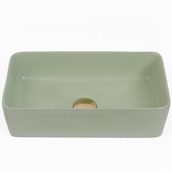 Concrete Vessel Sink, Handmade, Small Pistachio Rectangle Design, Sleek and Modern Washbasin for Bathroom.