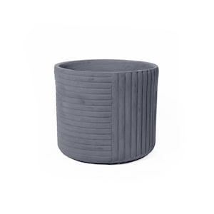 May include: A gray concrete planter with a ribbed design. The planter is cylindrical and has a smooth, matte finish.