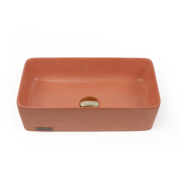 Concrete Vessel Sink, Handmade, Small Terra Cotta Rectangle Design, Sleek and Modern Washbasin for Bathroom.