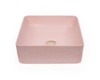 Concrete Vessel Sink, Handmade, Pink Square Design, Sleek and Modern Washbasin for Bathroom, Variety of 17 Colors.