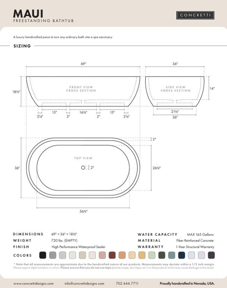 Concrete Bathtub, Handcrafted Concrete Tub, Variety of 17 Different Colors, Indoor & Outdoor Use Maui image 5