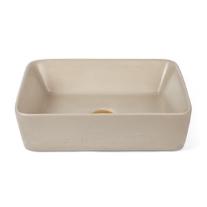May include: A rectangular concrete vessel sink with a light beige finish. The sink has a smooth, slightly textured surface and a small drain hole in the center.