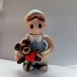 Miniature Polymer Clay Boy with Teddy Bear Figurine