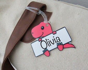 Pink Dinosaur Luggage Tag, Custom Name, School Backpack Tag