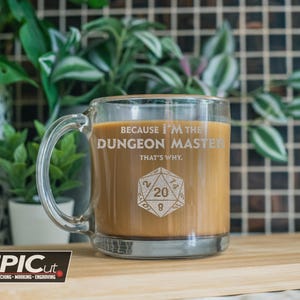 Engraved Dungeon Master Glass Mug: D&D D20 Design, GM Gift