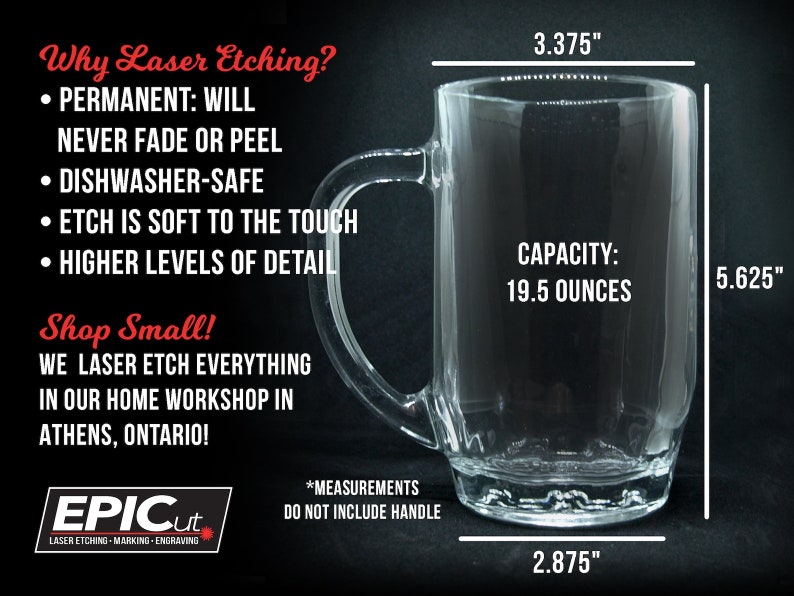 May include: A clear glass mug with a handle, measuring 3.375 inches wide, 5.625 inches tall, and 2.875 inches in diameter. The mug has a capacity of 19.5 ounces. The text "Why Laser Etching?" is visible in the image. The text "Shop Small!" is also visible in the image. The text "EPICut" is visible in the image.