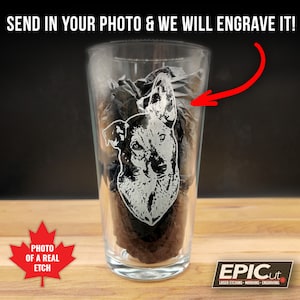 Custom Engraved 20 oz Tall Pint Glass - Etched Photo Glassware / Beer Lover Gift / Personalized Large Soda Glass / Custom Design Bar Glass
