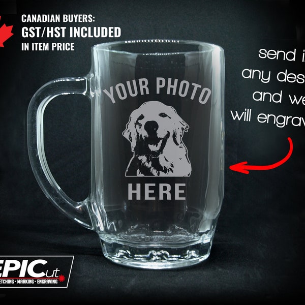 Custom Etched 19.5 Oz Beer Mug - Custom Photo Glass Stein / Laser Etched Pet Photo Handled Mug / Personalized Family Photograph Gift