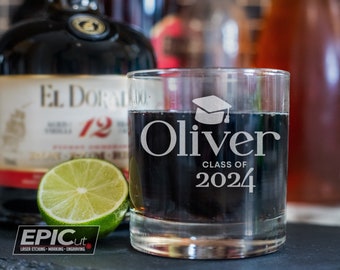 Personalized Graduation Whiskey / Scotch Glass - Class of 2024 Laser Etched Rocks Glass / Personalized Name & Year / College Grad Gift