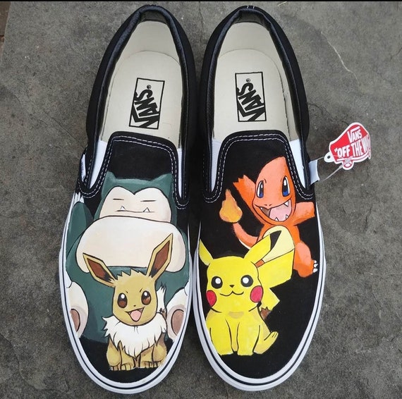 Pikachu Eevee Customized Canvas Slip On Shoes Men\'s Size 10 Eevee Slip On Shoes Custom Pokemon Shoes Anime Slip On Shoes main image 3