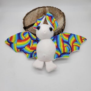 White Rainbow swirls Bat Stuffed Animal, Collectable decorative bat plushie, Soft Toy
