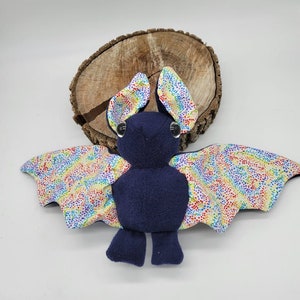 Blue Rainbow Dots  black Bat Stuffed Animal, Collectable decorative bat plushie, Soft Toy