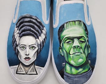 Custom Hand Painted Frankenstein and Bride of Frankenstein shoes.  Normal or neon.