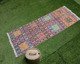 Vintage Turkish Kilim Runner Rug: Rainbow Hallway Decor (2'x5'7 ft)