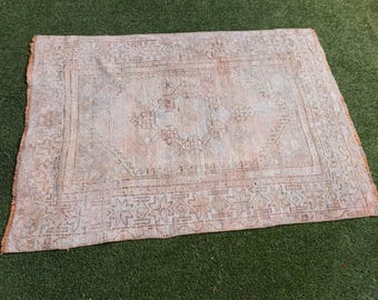 Handgjord turkisk Oushak vintagematta: mutt orange och beige ull, 70x90 cm