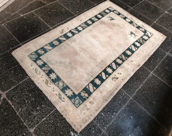 Alfombra Oushak de lana hecha a mano, alfombra turca vintage (2'7x4)