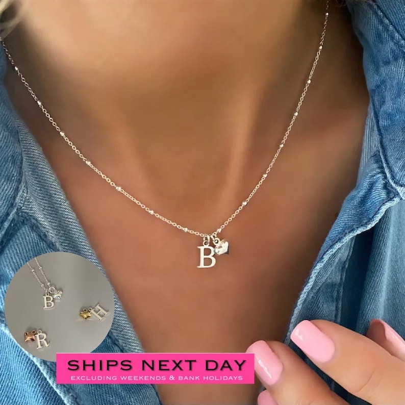 initial necklace with heart charm, letter necklace, monogram necklace, personalised jewellery, birthday gifts, HM INITIAL HEART-SN32 