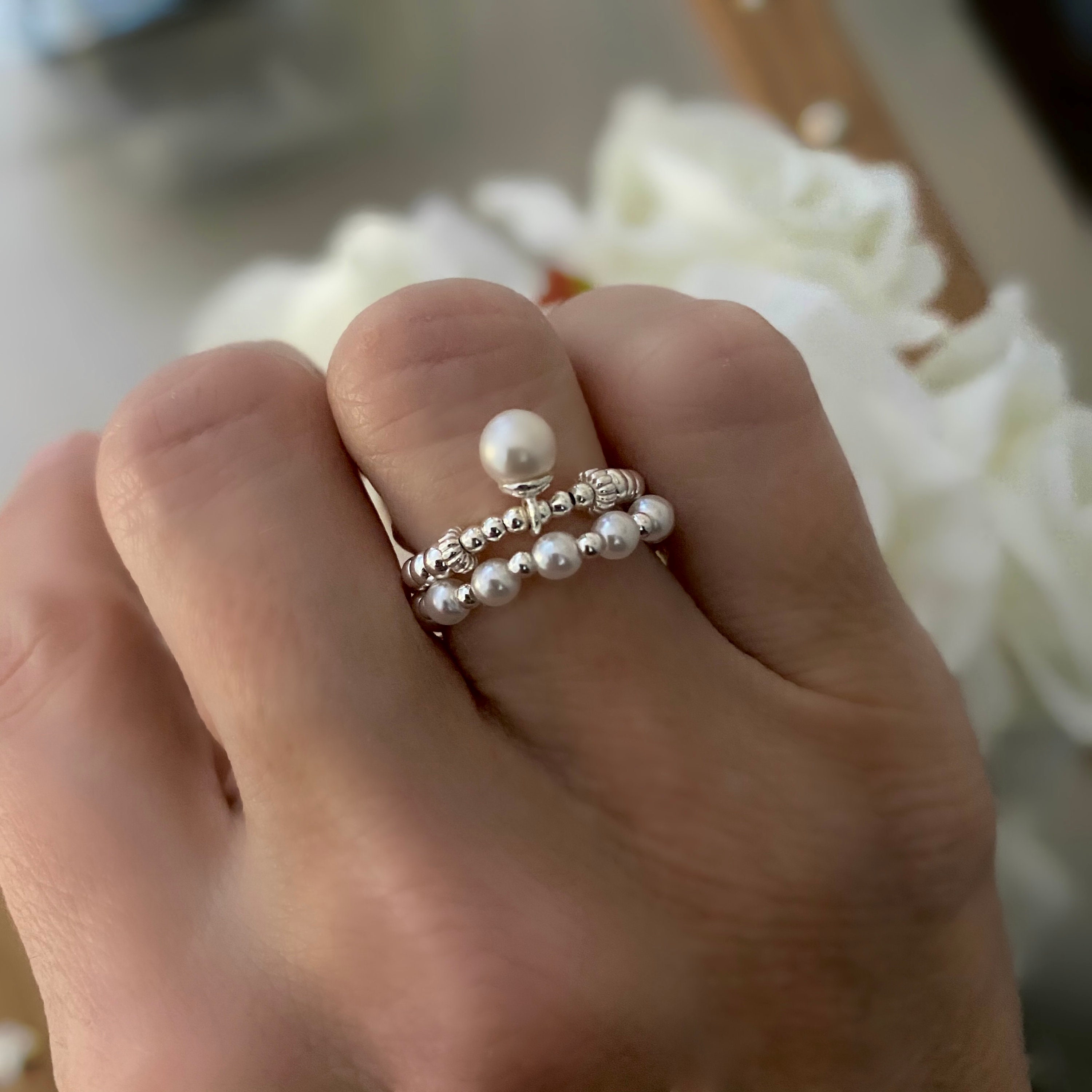 Pearl ring band pearl ring stretch pearl ring sterling Etsy