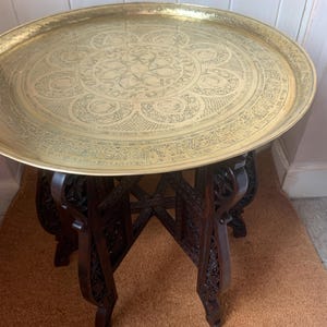 Antique Persian Table, Antique Arabic Folding Brass Tray Table, Antique Brass And Carved Wood Folding, Antique Middle Eastern Table