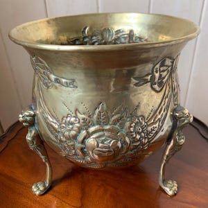 Antique Brass Jardiniere, Antique Repouse Jardiniere, Solid Brass Footed Planter, Lipn Footed Brass Plant Pot