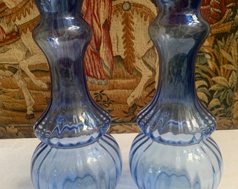 Vintage MCM Pair Cobalt Blue Vases, MCM Blue Glass Vases, Pair MCM Ribbed Vases, Empoli Vases