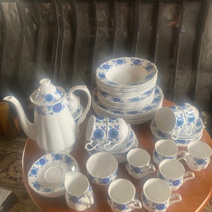 Vintage MCM 51 Piece Mayfair China, Mayfair China 51 Pce Dinner, Tea & Coffee Set, Mayfair Blue And White 51 Pce Bone China