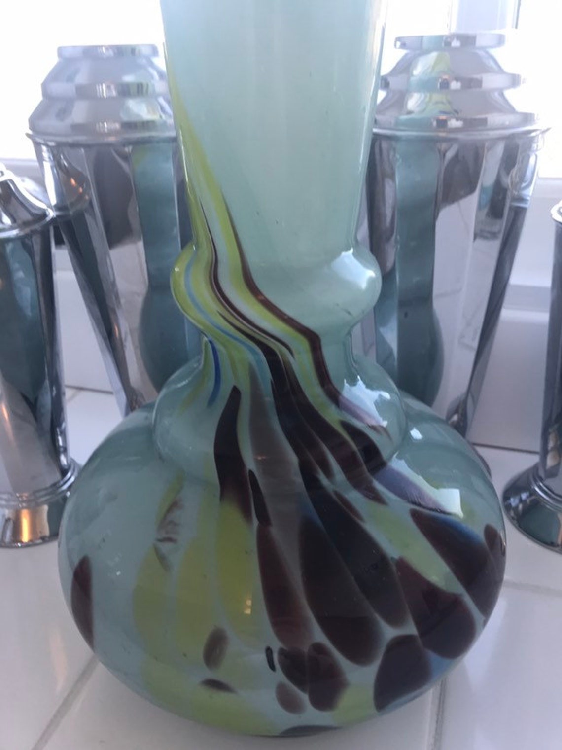 Vintage Murano Hand Blown Art Glass Aqua Fluted Vase Etsy