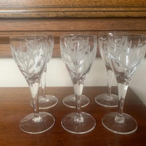 Vintage Etched Crystal Sherry Glasses, Vintage Crystal Liqueur Glasses, Hand Etched Crystal Sherry Glassess, Vintage Set Of Six Glasses